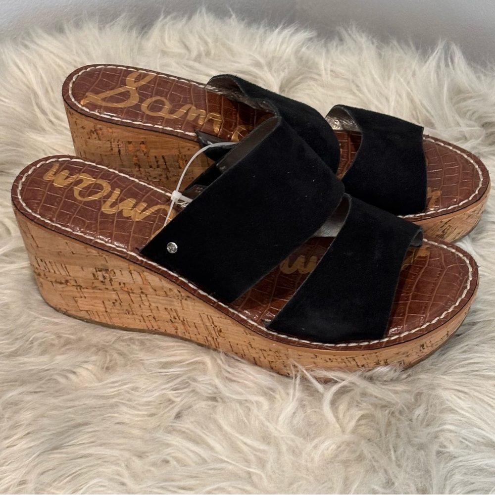 Sam Edelman Women’s 9 Dali Black Suede Cork Platform Wedge Sandals Shoes Slip On